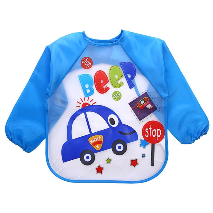Baby Full Sleeves Bibs Waterproof Car Print - Blue