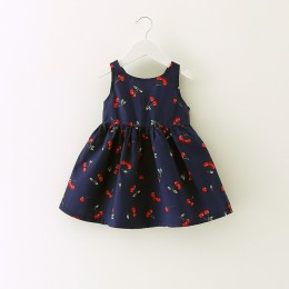 Girls' Cotton Frock With Back Tie Knot Red Cherry Print - Navy Blue