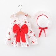 Baby Sleeveless Cotton Frock With Hat - Red Cherry