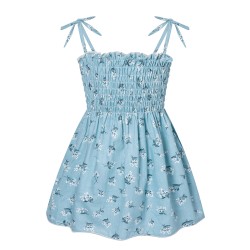Girls Smocked Bodice Style Summer Frock Snow Lotus Printed - Sky Blue 