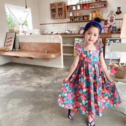 Girls' Flying Sleeve Lace up Flower Frock - Multicolor