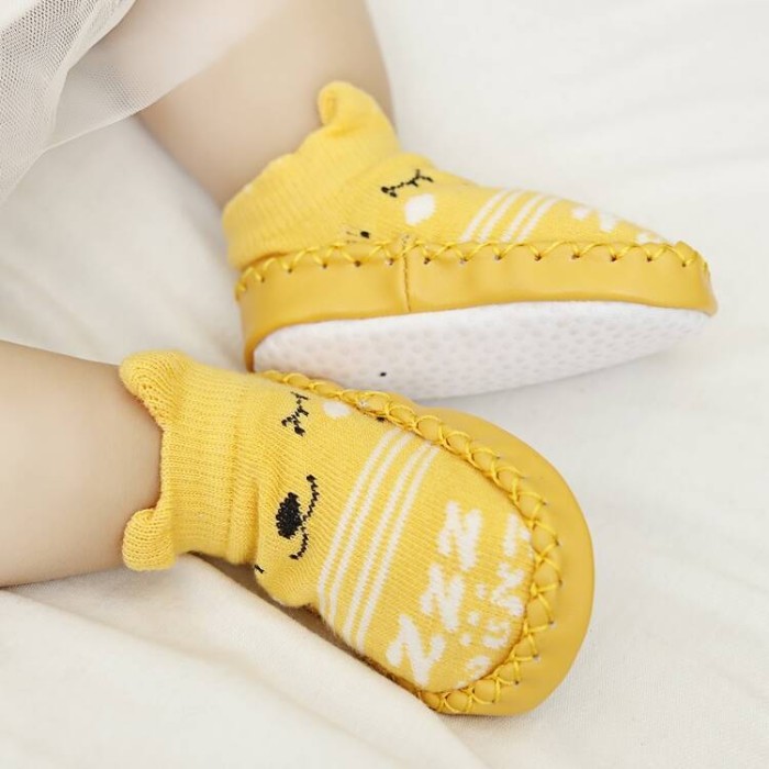 Baby Anti-Skid Leather Soled Shoe Socks - Yellow Bear