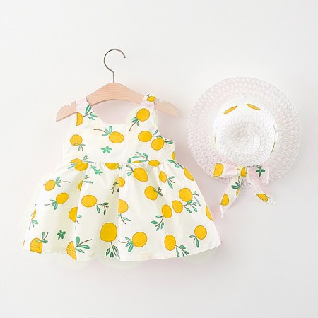 Baby Girl's Sleeveless Cotton Frock With Hat - White Yellow | at Sonamoni BD