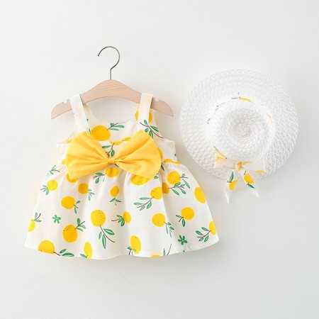 Baby Girl's Sleeveless Cotton Frock With Hat - White Yellow | at Sonamoni BD