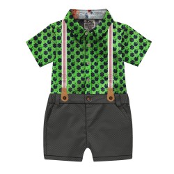 Boys Half Sleeve Cotton Flower Print Shirt & Pant Suit Set-Green & Gray Color