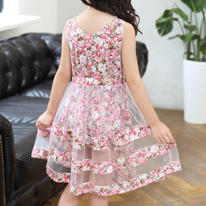 Girls' Double Part Flower Printed Frock - Pink