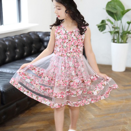 Girls' Double Part Flower Printed Frock - Pink