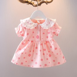 Baby Cotton Frock Peter Pan Collar Dot Print - Light Pink Color