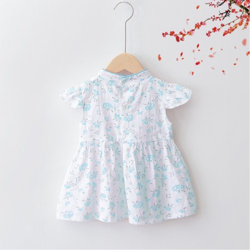 Baby Girls' Frill Sleeves Cotton Frock Chinese Style -  White Turquoise