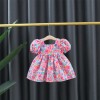 Baby Half Sleeves Flower Print Frock with Front Bow - Pink