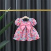 Baby Half Sleeves Flower Print Frock with Front Bow - Pink