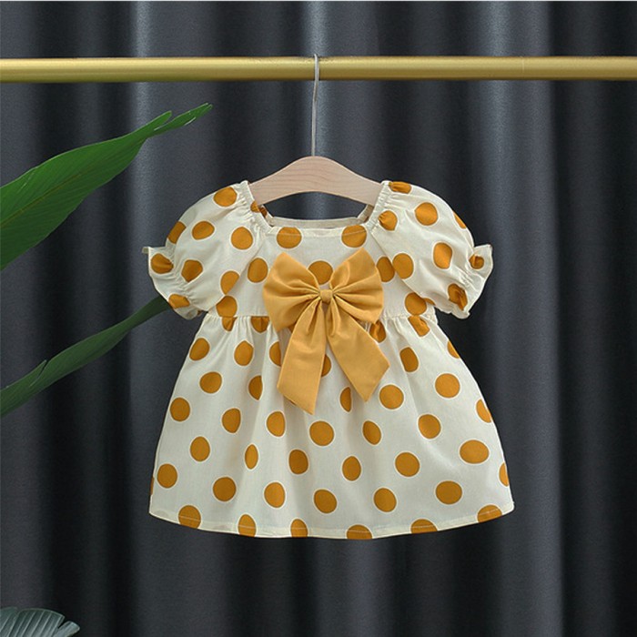 Baby Half Sleeves Polka Print Frock with Front Bow - Cream & Yellow