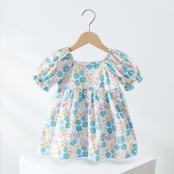 Baby Short Sleeves Flower Print Cotton Frock - White Blue
