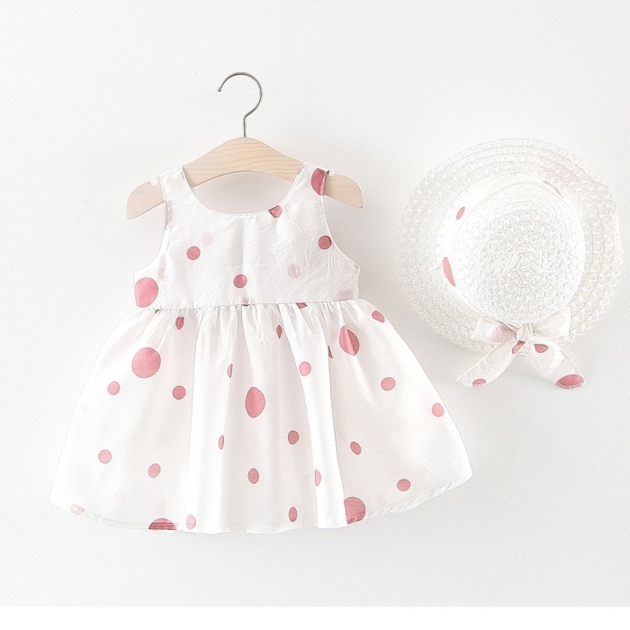 Baby Sleeveless Frock with Back Bow & Cap - White Pink