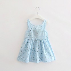 Girls' Cotton Frock With Back Tie Knot Flower Print - Sky Blue