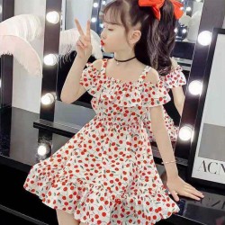 Girls' Double Sleeves Red Cherry Print Frock - White