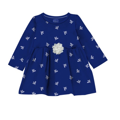 Girls Cotton Knit Full Sleeves Printed Frock with Flower Applique - Royal Blue | at Sonamoni BD