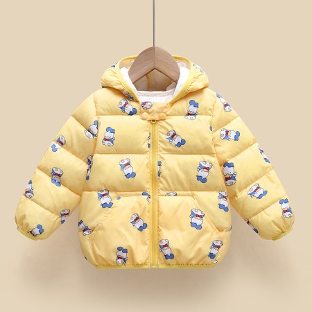 Kids Full Sleeves Padded Winter Hoodie Jacket Duck Print - Yellow