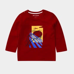 Kids Full Sleeves T-Shirt Graphics Print - Maroon Red Color