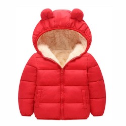 Kids Full Sleeves Velvet Hooded Fashion Heavy Winter Jacket - Solid Red