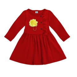 Girls Cotton Knit Full Sleeves Frock with Flower Applique (flower color may vary) - Red