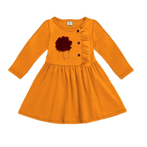 Girls Cotton Knit Full Sleeves Frock with Flower Applique (flower color may vary) - Yellow | at Sonamoni BD