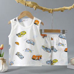 Boys Sleeveless T-Shirt with Shorts Set Sports Car Print - White