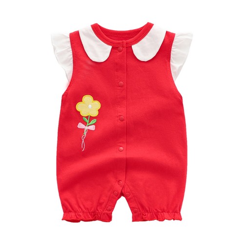 Baby Girls Frill Sleeves Thin Cotton Romper - Red | at Sonamoni BD