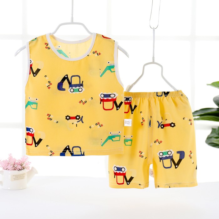 Baby Sleeveless T-shirt with Shorts Set Excavator Print - Yellow Color | at Sonamoni BD