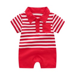 Boys Cotton Half Sleeves Striped Romper - Red
