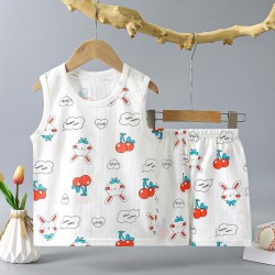 Boys Sleeveless T-Shirt with Shorts Set Cherry Bunny Print - White