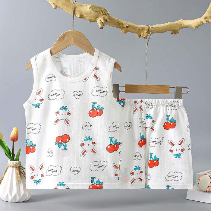 Boys Sleeveless T-Shirt with Shorts Set Cherry Bunny Print - White | at Sonamoni BD