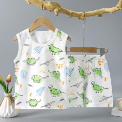 Boys Sleeveless T-Shirt with Shorts Set  Dinosaur Print - White