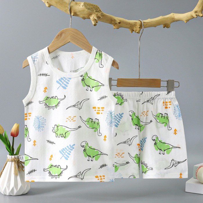 Boys Sleeveless T-Shirt with Shorts Set  Dinosaur Print - White | at Sonamoni BD