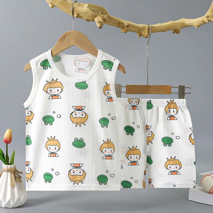 Boys Sleeveless T-Shirt with Shorts Set Prince Frog Print - White | at Sonamoni BD