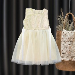 Girls Double Part Party Wear Frock - Cream Color