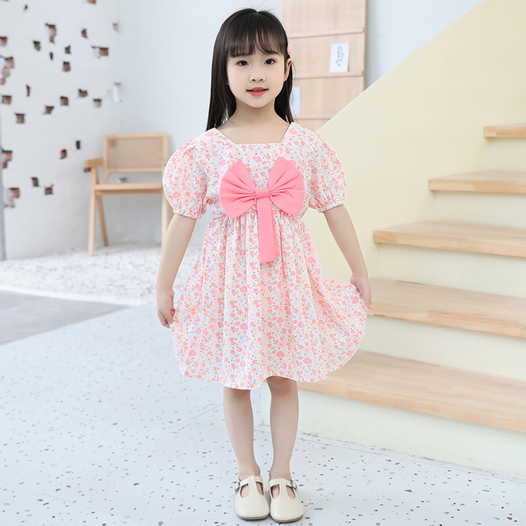 Girls Frock Flower Printed with Front Bow Applique - White Pink ...
