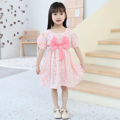 Girls Frock Flower Printed with Front Bow Applique - White Pink | at Sonamoni BD