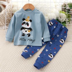Baby Sweat Shirt & Trouser Set Panda Print - Solid Light Blue 