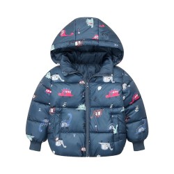 Kids Full Sleeves Removal Hooded Winter Jacket Dinosaur Printed - Navy Blue