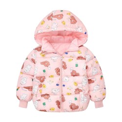 Kids Full Sleeves Removal Hooded Winter Jacket Bear Printed - Pink 