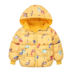 Kids Full Sleeves Removal Hooded Winter Jacket Dinosaur Printed - Yellow