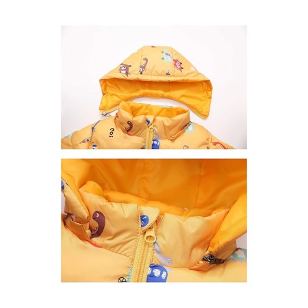 Kids Full Sleeves Velvet Hooded Fashion Heavy Winter Jacket - Yellow Dinosaur | at Sonamoni BD