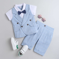 Half Sleeves Adjusted Waistcoat Shirt and Shorts Set with Bow - White & Sky Blue