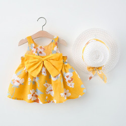 Baby Girl's summer dress with Bow and hat -  yellow 
