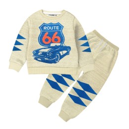 Baby Car Printed Full Sleeve Sweat Shirt and Trouser Set- Cream Color