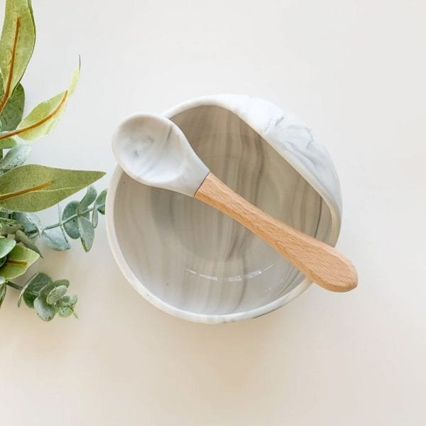 High-Quality-Food-Graded-Non-Slip-Baby-Silicon-Bowl-and-Spoon-Set-Wood-Suction-Marble-Color