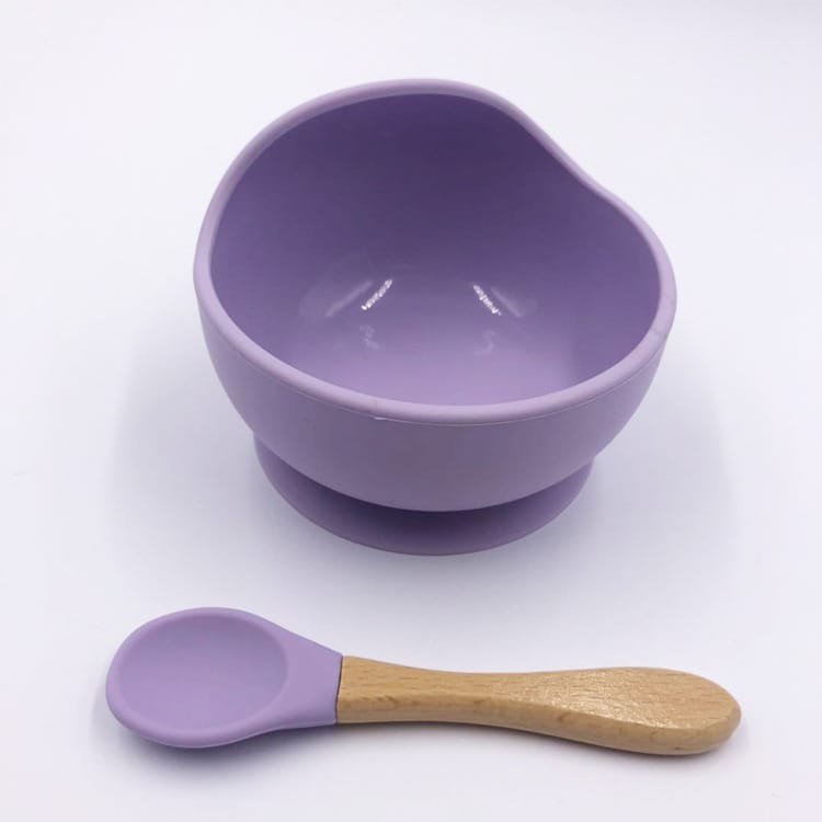 High-Quality-Food-Graded-Non-Slip-Baby-Silicon-Bowl-and-Spoon-Set-Wood-Suction-Purple-Color