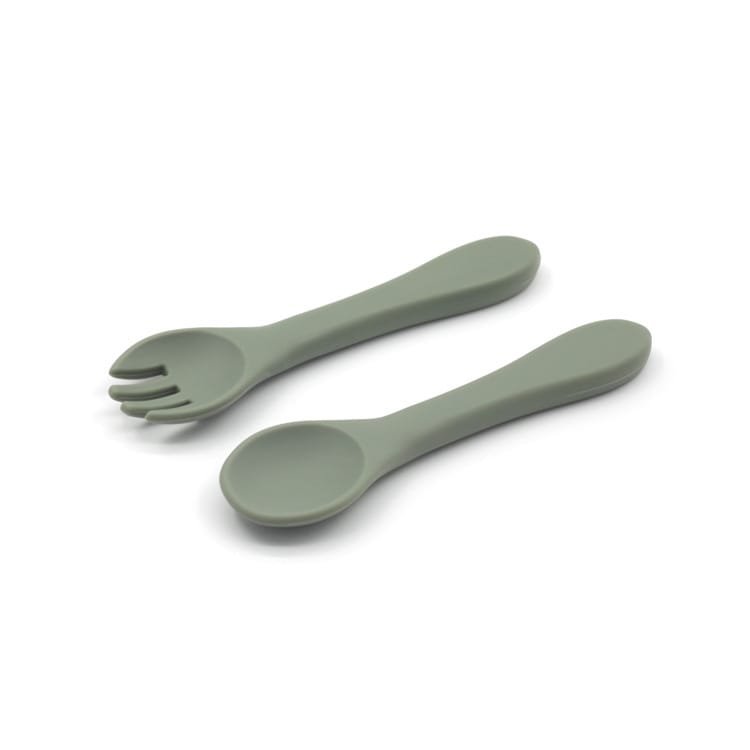Silica-Gel-Spoon-and-Fork-Set-Kids-Tableware-Spoon-BPA-FREE-Silicone-Avocado-Green