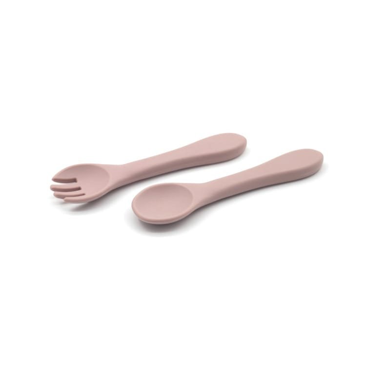 Silica-Gel-Spoon-and-Fork-Set-Kids-Tableware-Spoon-BPA-FREE-Silicone-Leather-Pink-Color